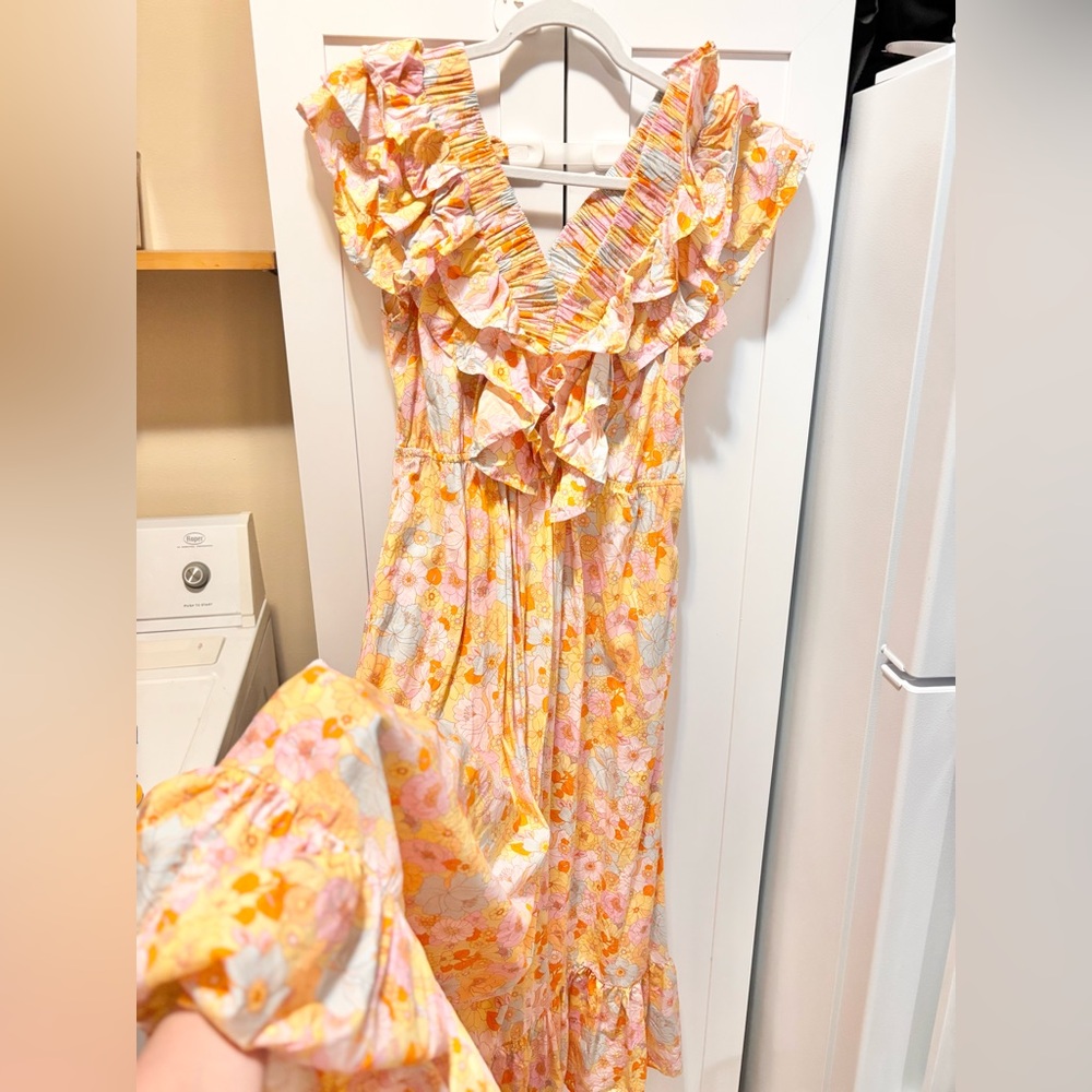 Karlie Yellow Pink Floral Maxi Dress with Ruffles